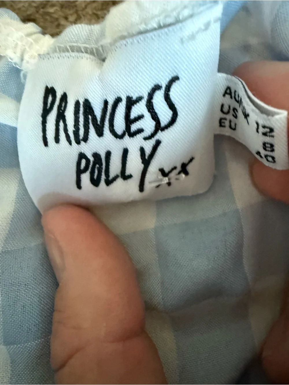 Princess Polly Blue and White Checkered Spaghetti Strap Romper. Size 8
